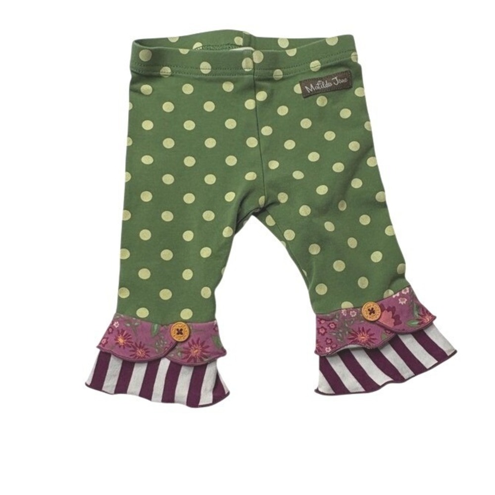 Matilda Jane Scrappy Blintzes Green Polka Dot Ruffled Pants Leggings 6-12 Months
